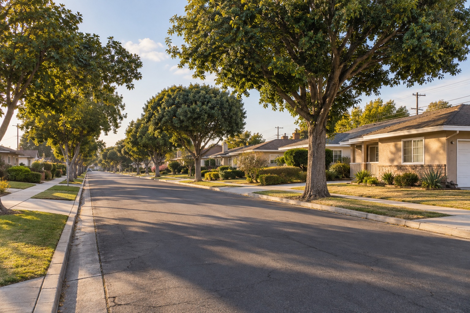 Illustrative inland Orange County neighborhood with single-story homes and tree-lined sidewalks