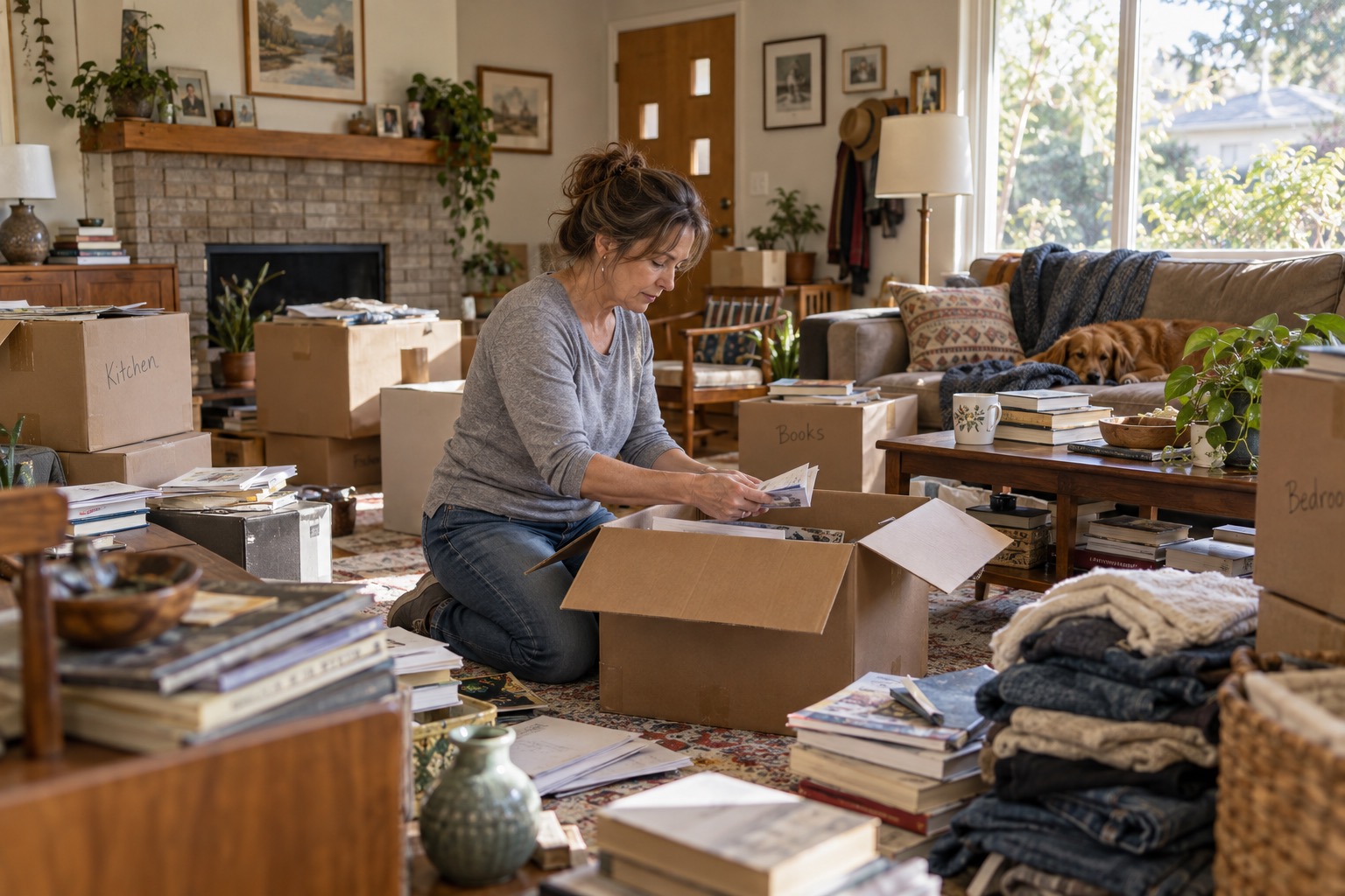 A person sorting papers into boxes in a cluttered living room filled with household belongings